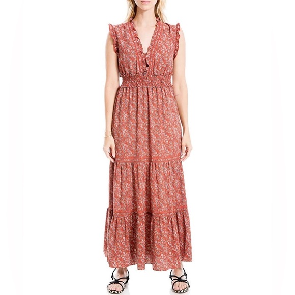 Max Studio Crepe Sleeveless Ruffle Neck Tiered Maxi Dress - Picture 1 of 13